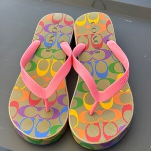 Coach Rainbow Signature Flip Flops with Pink Straps